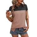 Camiseta de mujer con cuello redondo, diseño de bloques de color y textura de rayas verticales - S / Negro