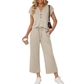 Damen 2-Teiler Strick-Set in Beige mit V-Ausschnitt Kurzarmtop und weiter Hose - S / Aprikose