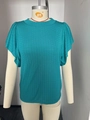 T-shirt col rond bleu sarcelle foncé avec tissu texturé et manches à volants - Sarcelle Foncé (Shooting Mannequin)