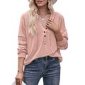 Damen Oversize-Hoodie in Hellrosa aus Waffelstrick mit V-Ausschnitt und Knopfleiste - Rosa