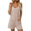Mono corto de rayas beige y blanco para mujer con tirantes anudables y bolsillos grandes - S / Albaricoque