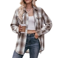 Camisa oversize de franela a cuadros marrones y blancos con bolsillos de solapa - S / café