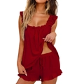 Women solid dark red two-piece loungewear set with sleeveless ruffle top and drawstring shorts - S / Burgundy