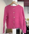Rose pink knit cardigan with amber buttons and a textured waffle weave pattern - Rose Pink
