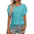 T-shirt azzurro cielo con ricamo floreale, maniche a volant e trama a rombi elegante - Taglia S / Verde Turchese
