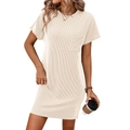 Short sleeve beige ribbed knit dress for women with round neck and chest pocket - Apricot