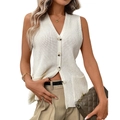 White sleeveless V-neck knit vest with front buttons and pockets for women - S / Off White