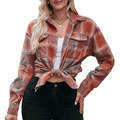Oversize orange and brown plaid flannel shirt with long sleeves and dual chest pockets - Caramel color