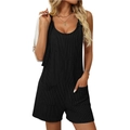 Tutina corta da donna in maglia a costine nera senza maniche con tasche anteriori - S / Nero