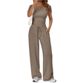 Women's two-piece lounge set with short sleeve round neck top and wide leg pants in taupe - Khaki