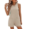 Women's casual beige sleeveless romper with round neck and symmetrical front pockets - S / Apricot