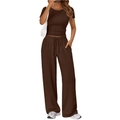Summer casual 2-piece set with brown crew neck crop top and high-waist wide-leg pants - Dark Coffee