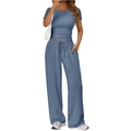 Women's two-piece casual set featuring a blue crop top and high-waisted wide-leg trousers - Fog Blue