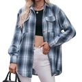 Oversize blue and white plaid flannel shirt with long sleeves and dual chest pockets - Blue