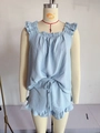 Light blue two-piece pajama set with ruffled tank top and matching drawstring shorts - S / Light Blue