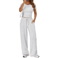 Women's grey two-piece lounge set with short sleeve crop top and high waist drawstring pants - Light Grey