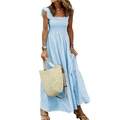 Blue and white gingham tiered maxi dress with square neck and smocked bodice detail - S / Blue