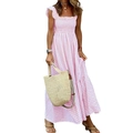 Roze en witte geruite maxi-jurk met vierkante hals en gesmokte details in etages - S / Roze