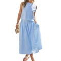 Conjunto de verano de 2 piezas para mujer con top sin mangas y falda larga a rayas azules - S / Azul claro
