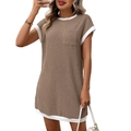 Damen Sommer-Strickkleid mit Kontrastsaum und Brusttasche in Braun und Weiß - S / Hellkaffee