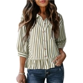 Camisa de rayas verde oliva para mujer con mangas 3/4 y bajo con volantes tipo peplum - S / Tops / Verde Militar Claro