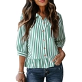 Camisa de rayas verdes y blancas para mujer con botones y dobladillo con volantes chic - S / Tops / Verde
