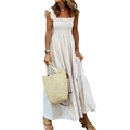 Dames zomerjurk met ruitjespatroon, vierkante hals en gesmokte taille in beige en wit - S / Abrikoos