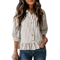 Camisa de rayas verticales para mujer con botones de madera y dobladillo con volantes - S / Tops / Caqui