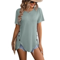 Zomers T-shirt met korte mouwen met tarwe-jacquard en knoopdetails aan de zijkant - S / Bonengroen