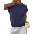 Women's navy blue sleeveless knit sweater with detailed floral jacquard relief embroidery - S / Navy Blue