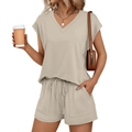 Women's V-neck short sleeve two-piece leisure set in oatmeal beige with drawstring shorts - Apricot
