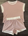 Pink and white two-piece casual lounge set with ribbed t-shirt and drawstring shorts - Purple