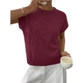 Deep burgundy short sleeve knit sweater featuring a large 3D floral accent on the chest - S / Burgundy