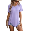 Dames T-shirt met korte mouwen in lavendel met zijknopen en een gebreide textuur - S / Paars