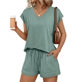 Women's V-neck short sleeve top and shorts two-piece lounge set in sage green - Light Lake Green