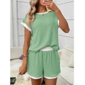 Women's summer light green two-piece set with round neck top and white contrast trim - Light Green