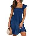 Navy blue square neck plaid smocked summer dress with ruffle sleeves for women - Navy Blue