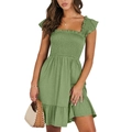 Women summer green plaid smocked midi dress with square neck and ruffle detailing - S / Top And Bottom / Bean Green