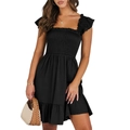 Women's summer black square neck smocked midi dress with ruffle sleeves and A-line skirt - S / Black