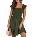 Women's dark green square neck smocked midi dress with ruffle straps and plaid texture - S / Top And Bottom / Army Green