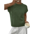 Short sleeve knitted dark green sweater for women with 3D floral applique detail - S / Army Green