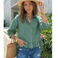 Women's casual green striped button-down shirt with 3/4 sleeves and ruffle hem - S / Tops / Dark Green