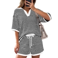 Women's knit two-piece set featuring V-neck striped top and drawstring shorts - S / Black