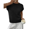 Maglia in maglia nera a maniche corte da donna con ricamo floreale 3D e bordi a coste - Nero