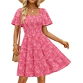 Rosa geblümtes Jacquard-Kleid mit eckigem Ausschnitt und gesmoktem Oberteil für Damen - S / Rosarot