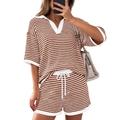 Women's two-piece knit set with brown striped short-sleeve V-neck top and drawstring shorts - S / Caramel color
