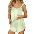 Conjunto de pijama de verano para mujer en cuadros verdes con top y shorts con volantes - S / Cuadros Verdes