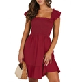 Smocked wine red square neck mini dress with ruffle details and a sweet A-line silhouette - S / Burgundy