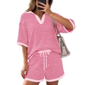 Pink and white striped knit two-piece set with V-neck short sleeve top and drawstring shorts - S / Pink