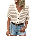 Women's V-neck striped short sleeve knit cardigan with amber buttons and ribbed hem - S / Khaki